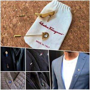 Ferragamo Men 2pc Gancini Gold Tone Crystal Lapel Scarf Tie Stick Pin NWOT